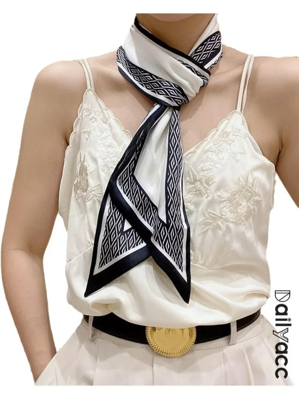 Women's Black White Strap Stylish Satin Headscarf Wrap Lightweight Scarves Scarf